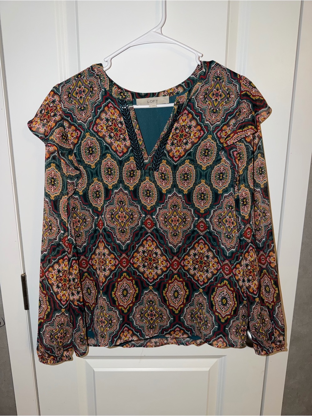 LOFT Teal Multi-Color Medallion V-Neck Long Sleeve Blouse